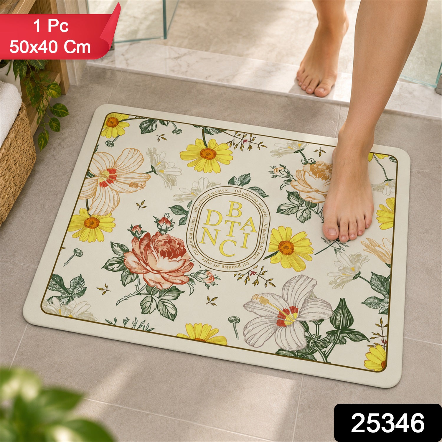 A rectangular bath mat with a botanical floral pattern in yellow, pink, and white on a light background, with bare feet