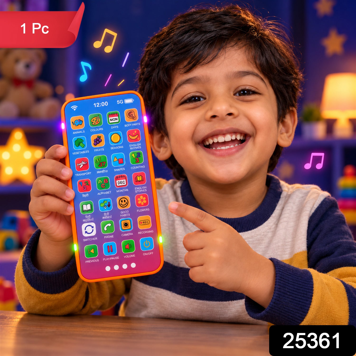 A smiling child holds a vibrant toy phone, its screen displaying various educational icons, with musical notes floating