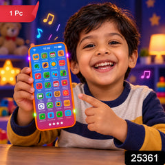 A smiling child holds a vibrant toy phone, its screen displaying various educational icons, with musical notes floating