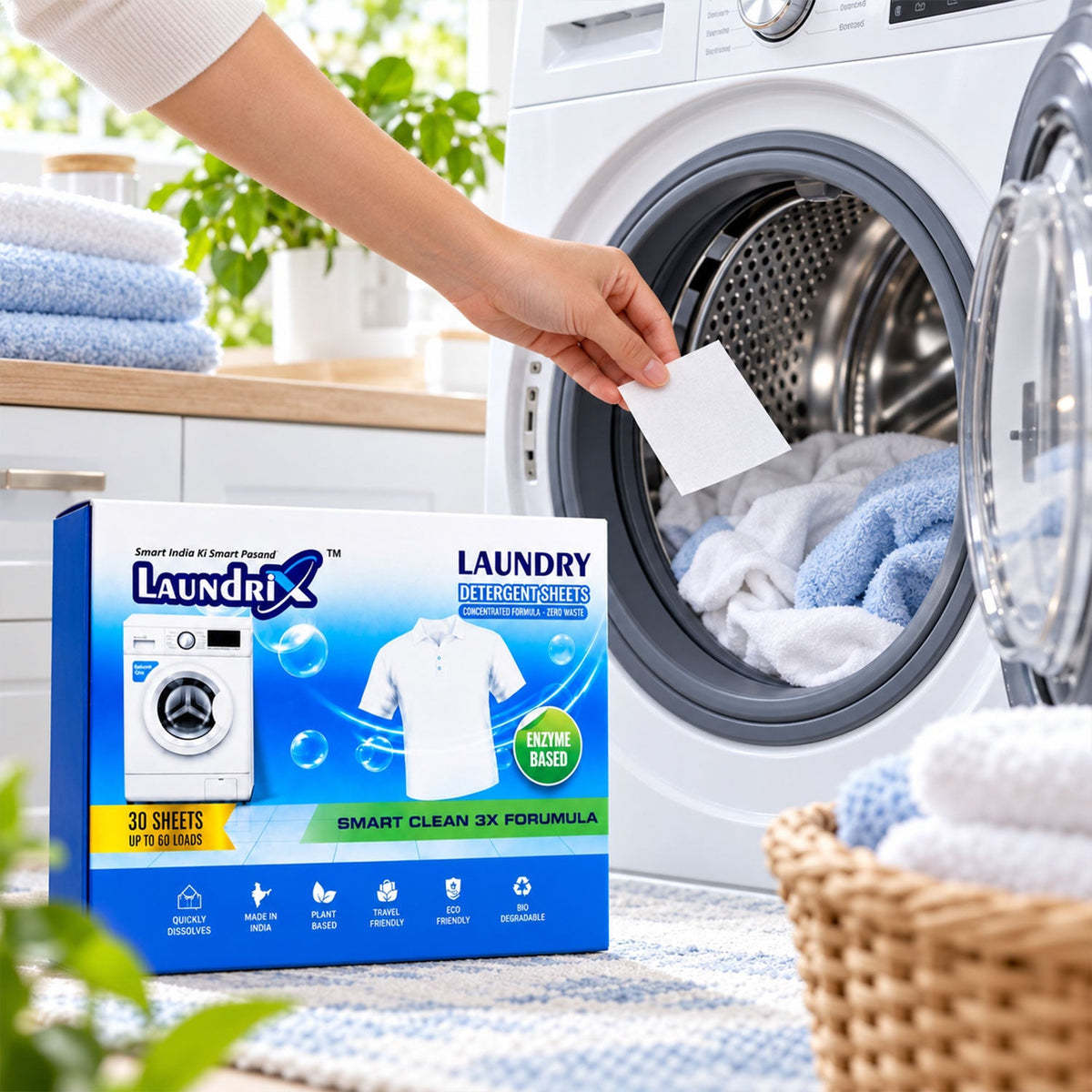 Laundry detergent sheets in a pack with clothes around