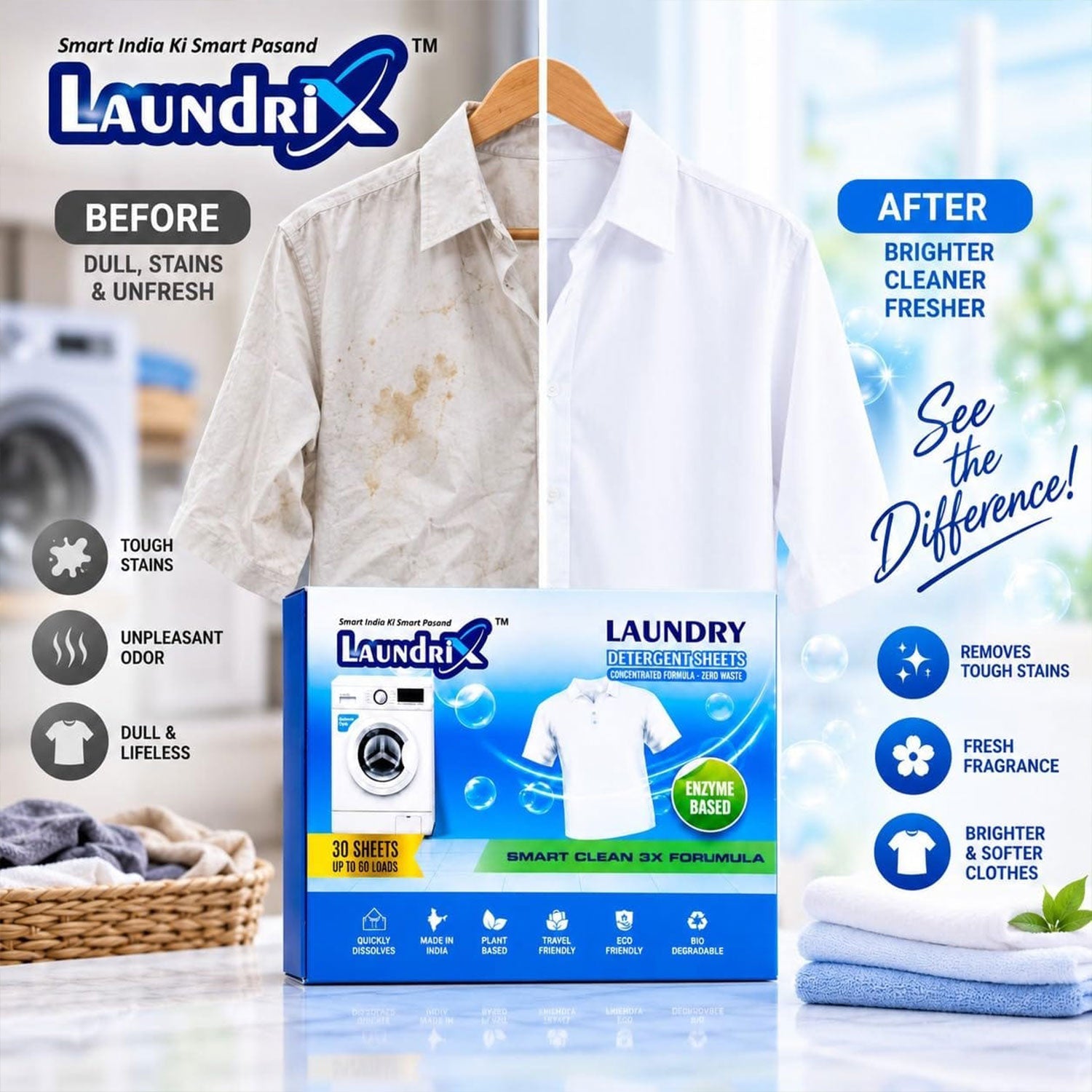Size and dosage guide for laundry detergent sheets