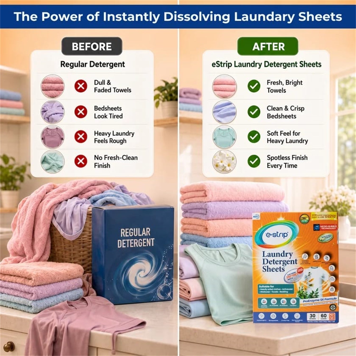 Features highlighted for laundry detergent sheets