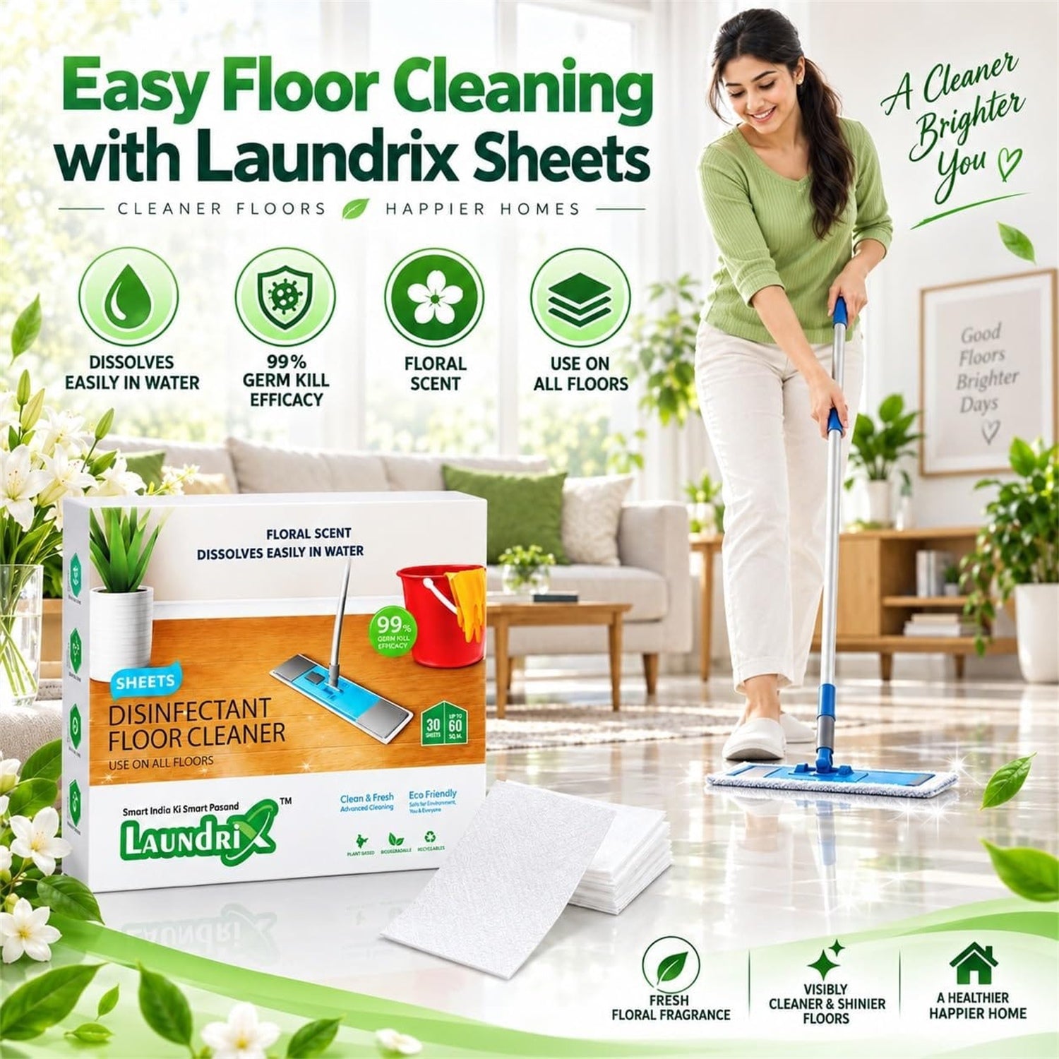 A woman mops a shiny floor in a bright living room, with a box of cleaner sheets and white sheets in the foreground. â€“ view 9