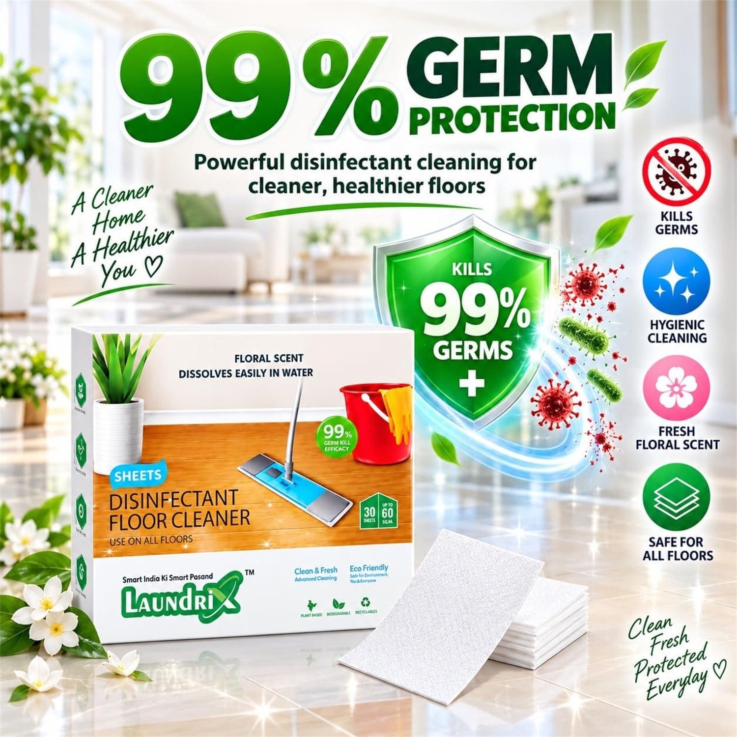 A box of disinfectant floor cleaner sheets with white sheets, and a shield graphic indicating 99% germ protection.
