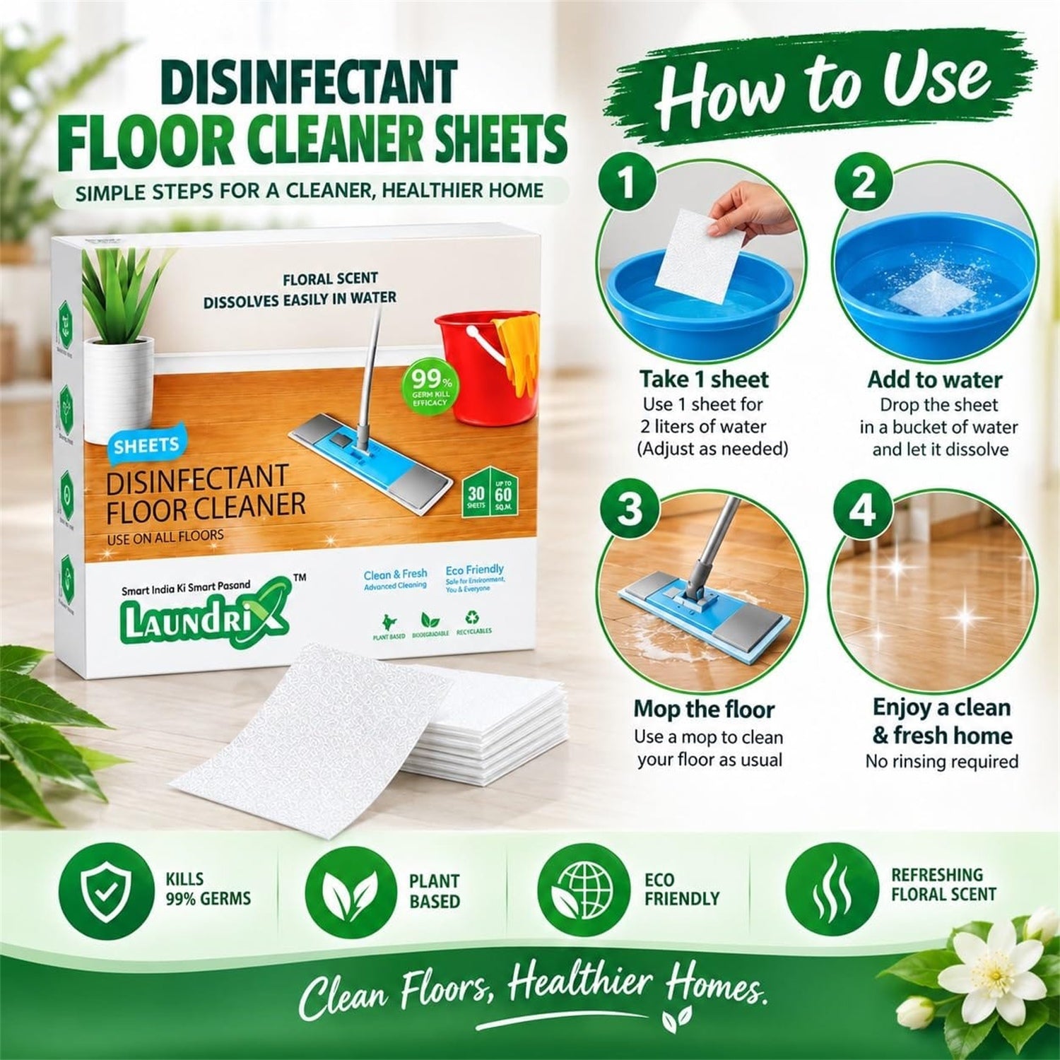 A box of cleaner sheets with white sheets, and four circular diagrams illustrating how to use the product.