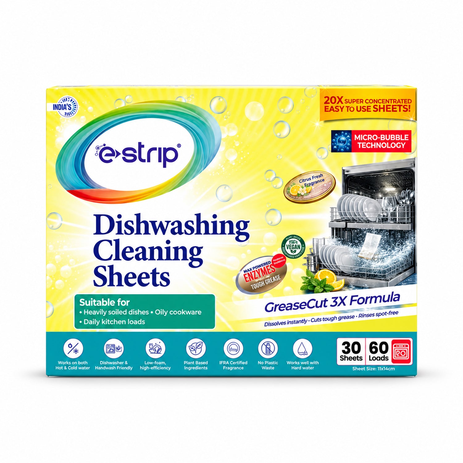 A box of e-strip dishwashing cleaning sheets with a dishwasher full of dishes in the background.