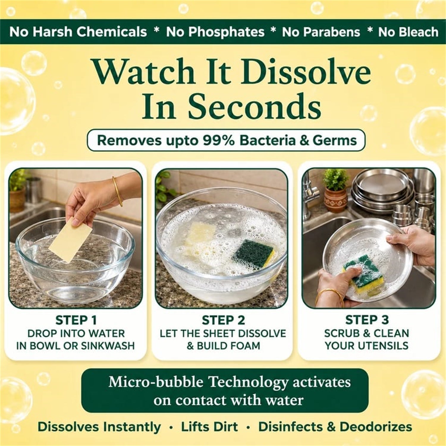 Three panels showing a hand dropping a cleaning sheet into water, the sheet dissolving, and a hand scrubbing a plate.