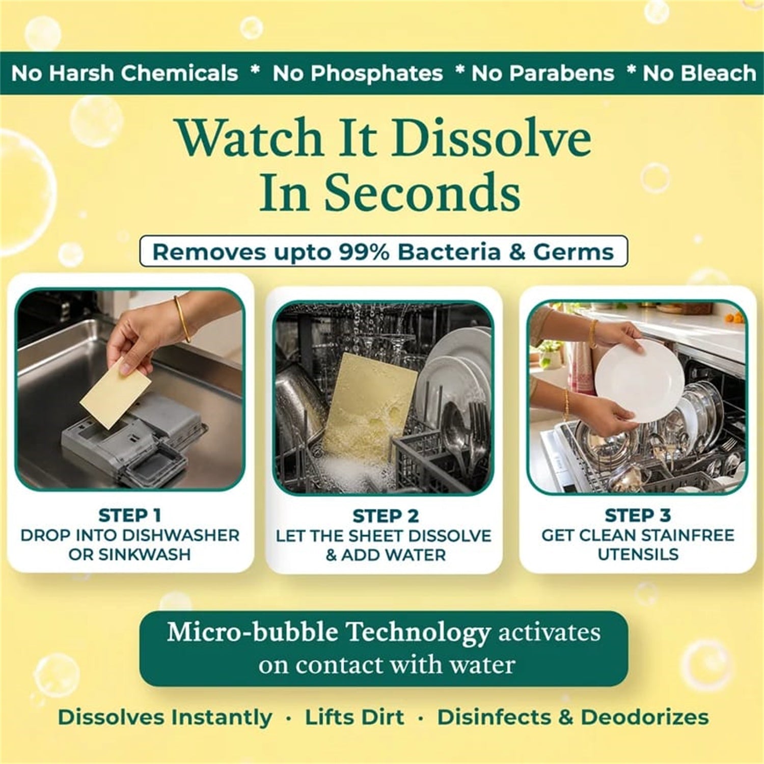 Three panels showing a hand dropping a cleaning sheet into a dishwasher, the sheet dissolving, and clean dishes.