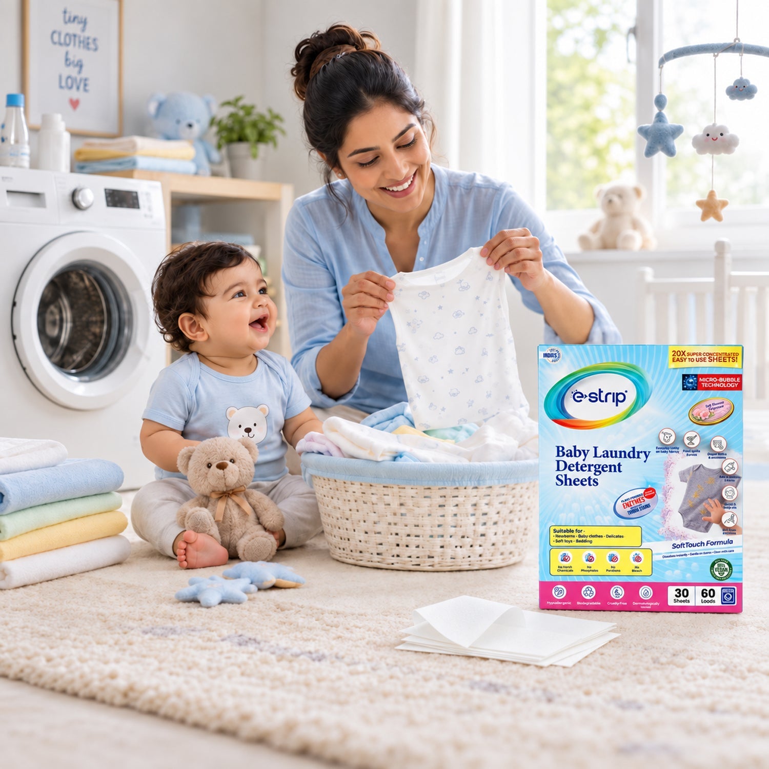 Baby laundry detergent sheets pack on a plain white background