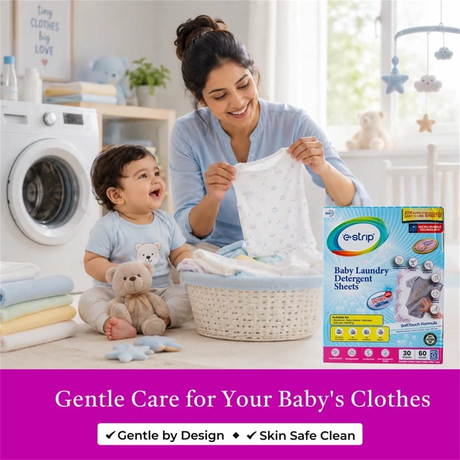 Baby laundry detergent sheet dissolving in water with bubbles
