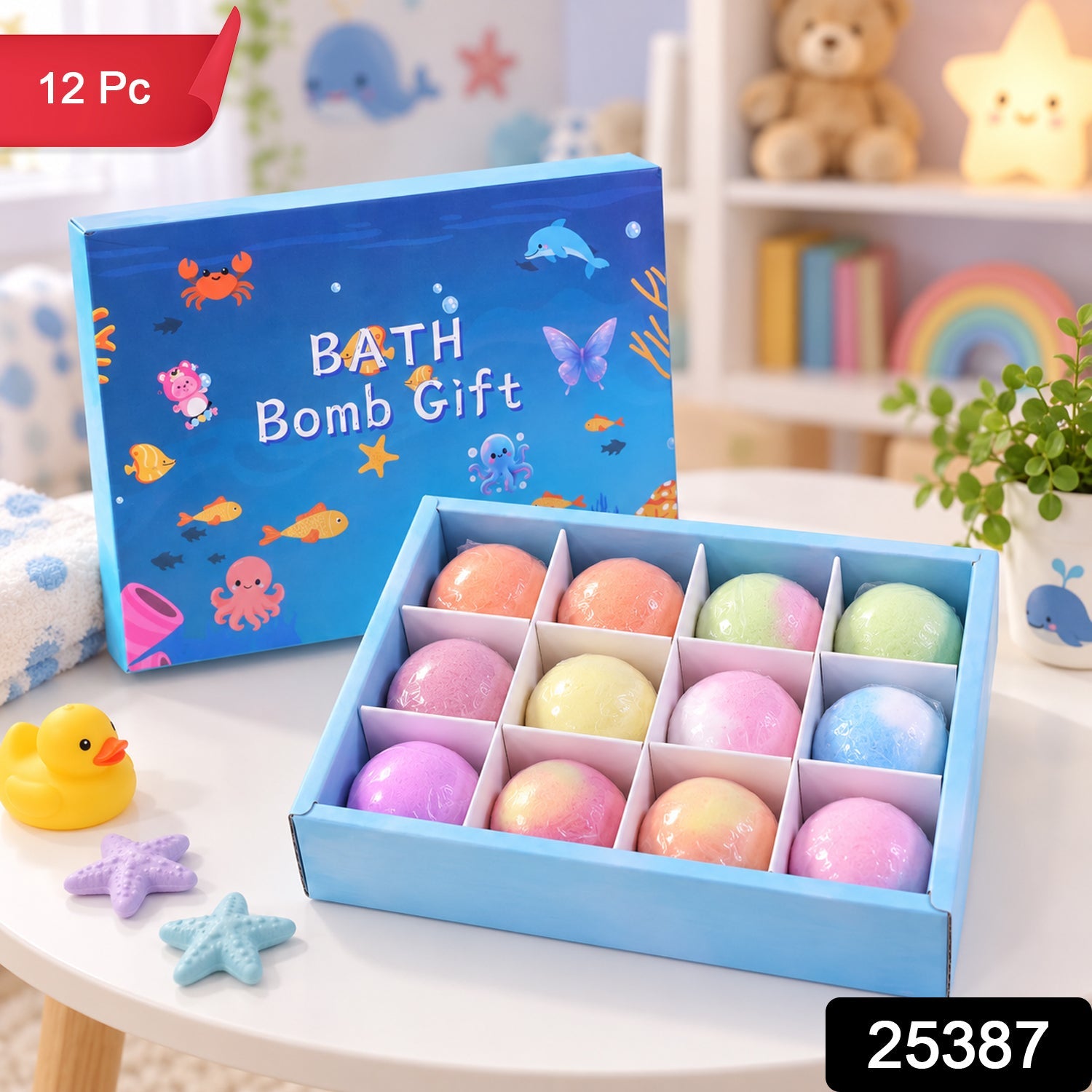 A blue gift box containing twelve individually wrapped, colorful bath bombs, with a rubber duck and two starfish on the