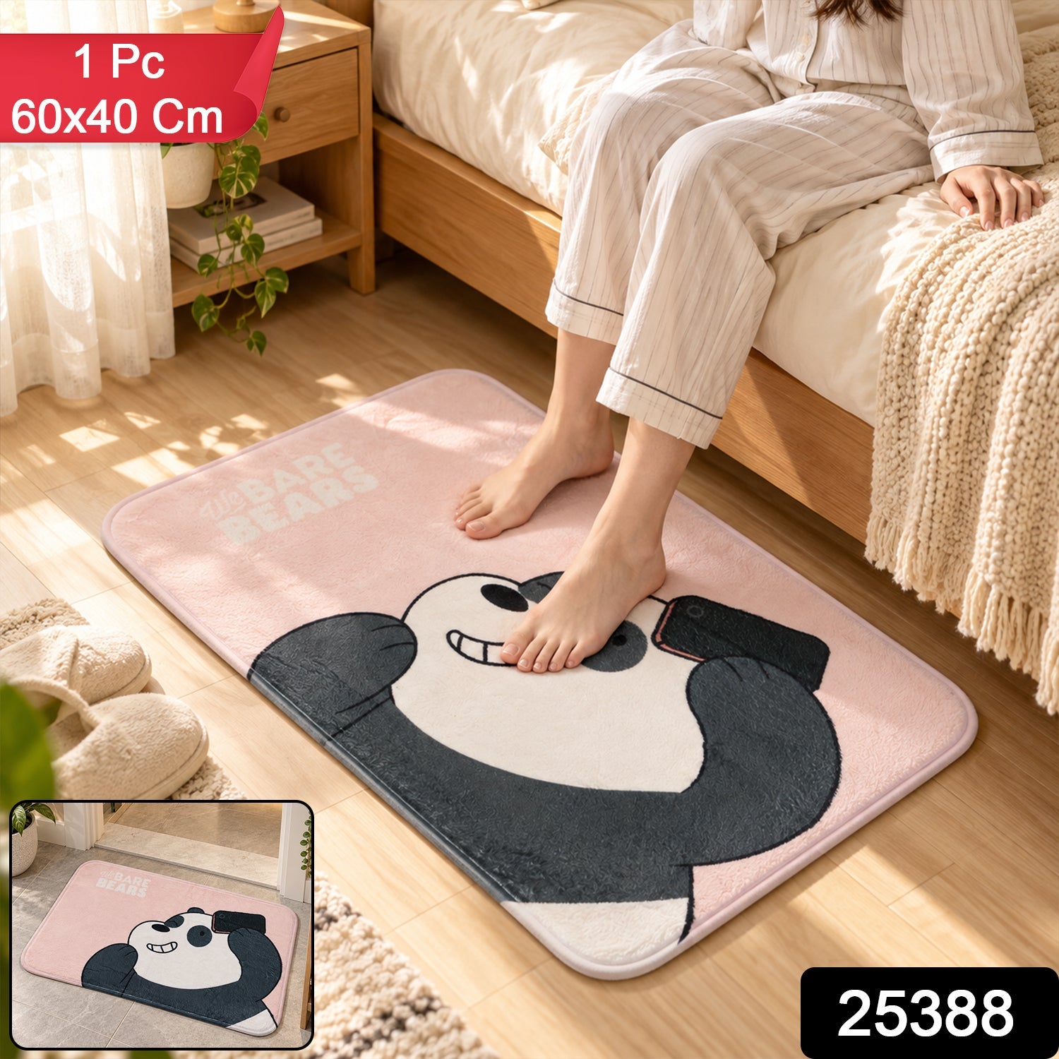 A person's feet are on a pink mat with a panda character, next to a bed and slippers, with product details overlaid.