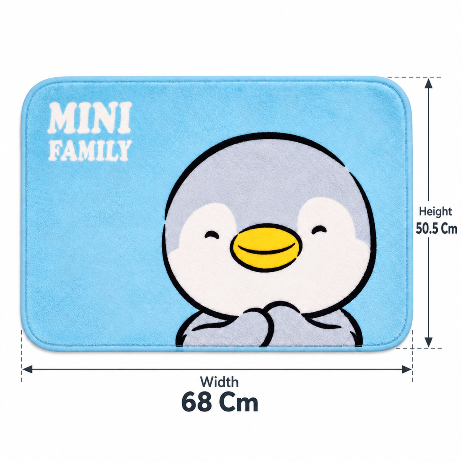 A light blue bath mat with a penguin graphic is shown with its height and width dimensions overlaid in white text.