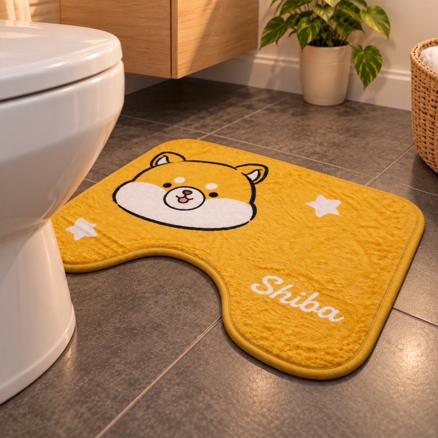 A close-up view of the yellow U-shaped toilet mat with a Shiba Inu design, positioned around a white toilet base.