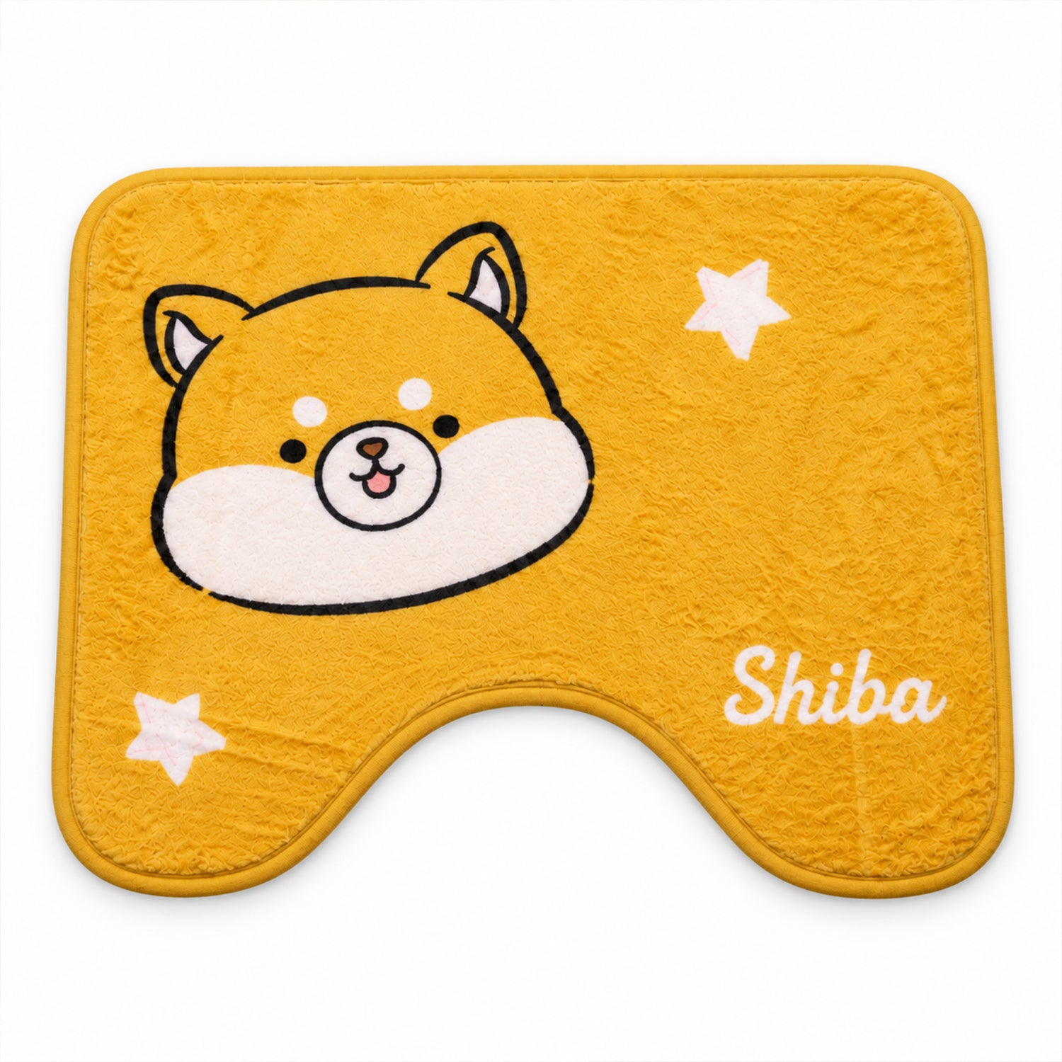 A vibrant yellow U-shaped toilet mat featuring a charming Shiba Inu character and scattered white star accents.