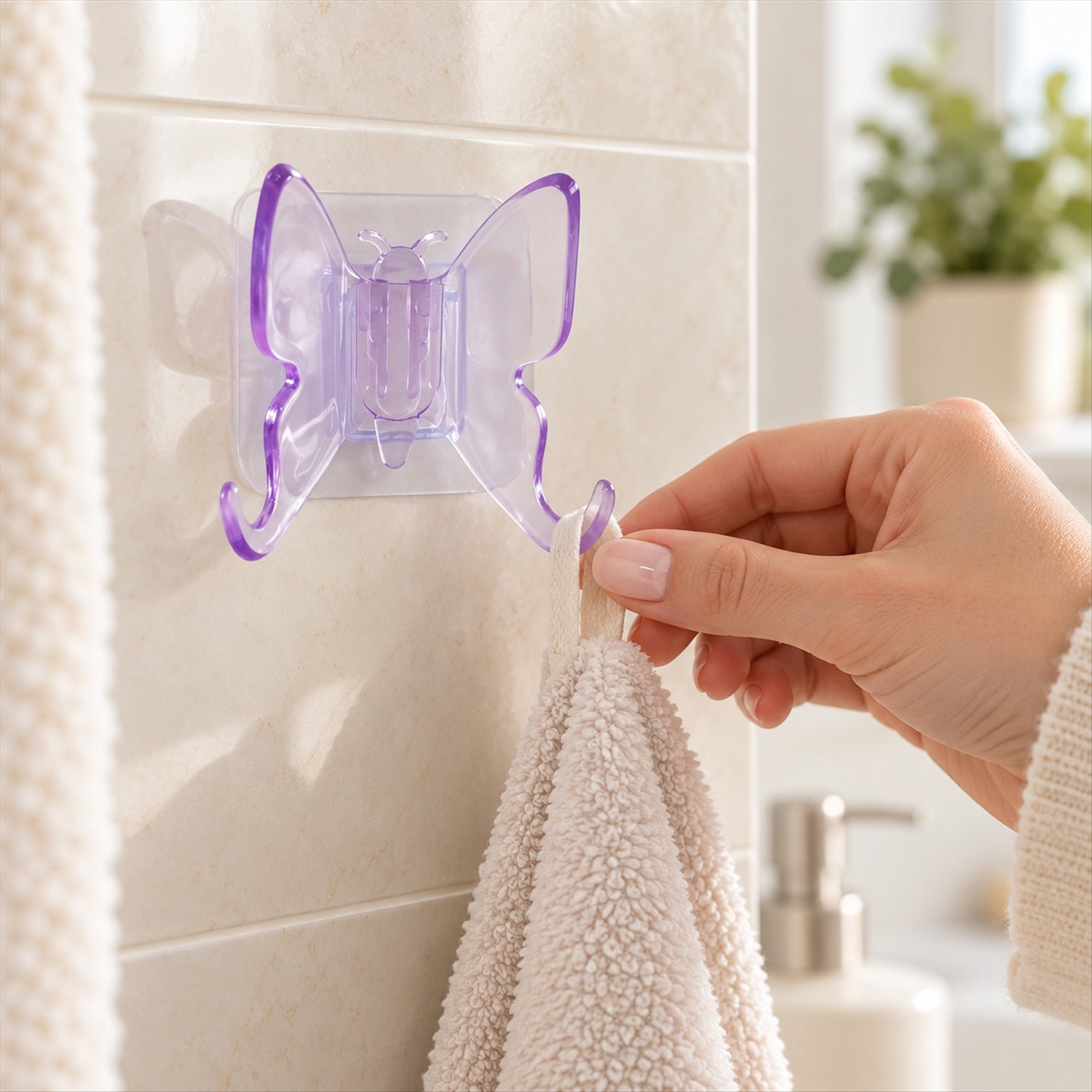 A hand placing a white towel onto one of the two prongs of a translucent purple butterfly wall hook against a tiled wall.