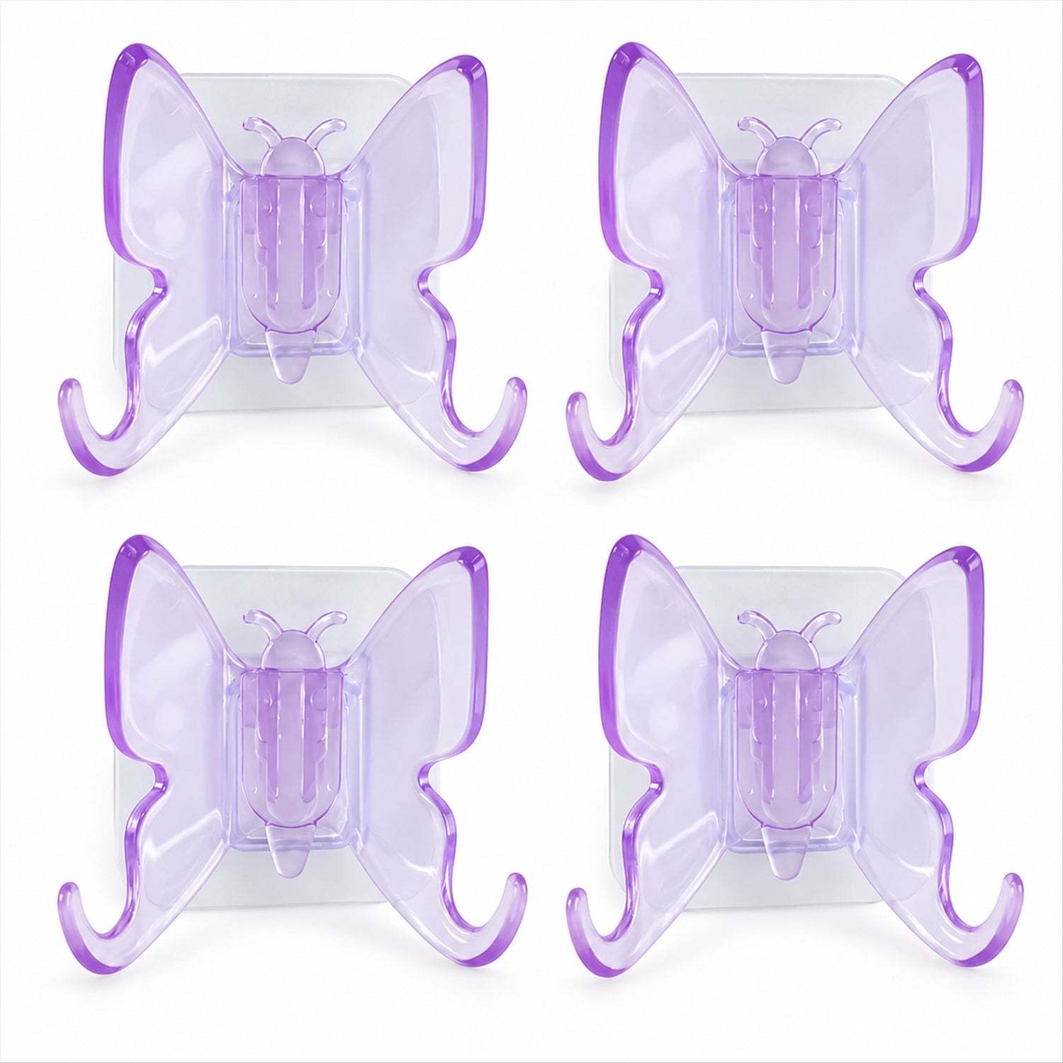 Four translucent purple butterfly-shaped wall hooks with double prongs, arranged in two rows on a white background.