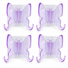 Four translucent purple butterfly-shaped wall hooks with double prongs, arranged in two rows on a white background.