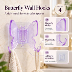A single purple butterfly wall hook with two prongs, holding a white towel and a beige bath pouf, with feature callouts.