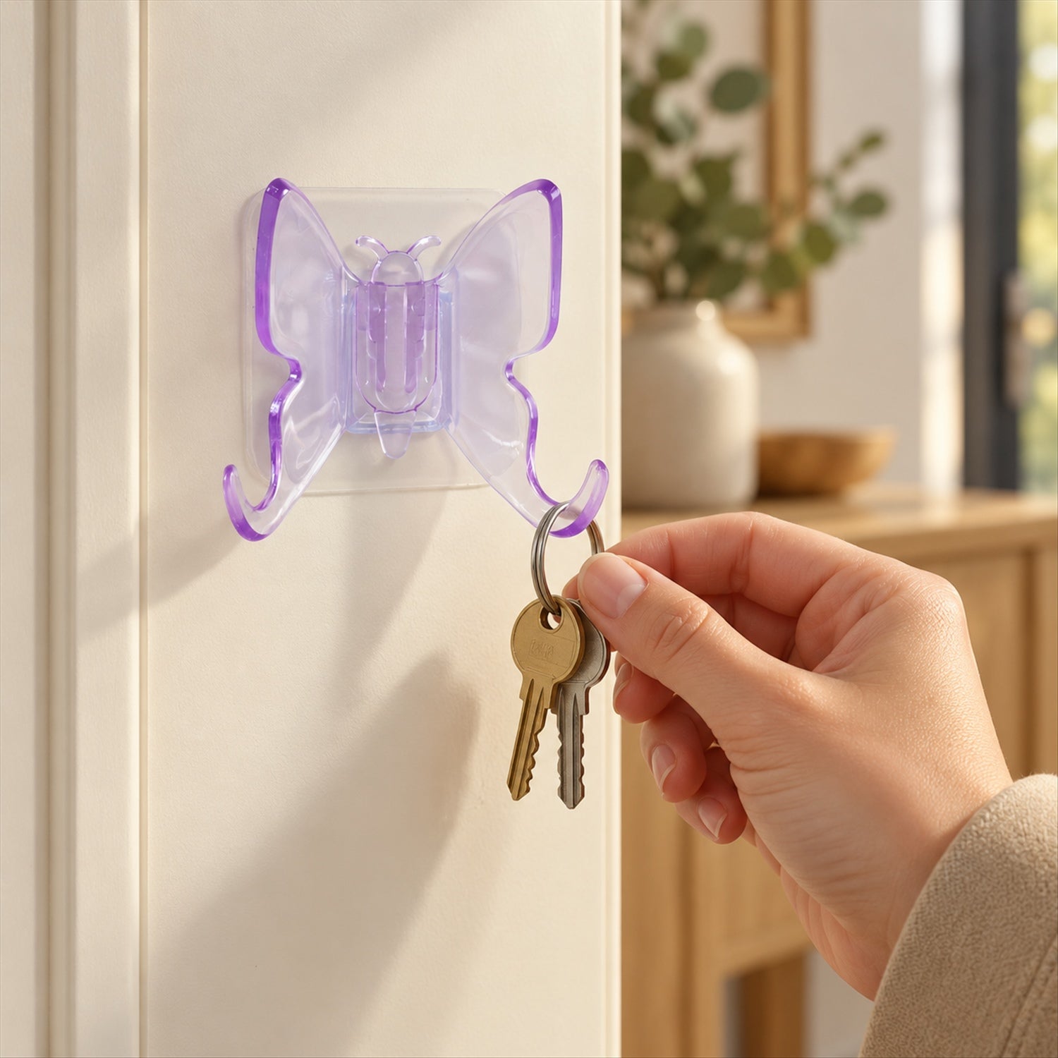 A hand holding a set of keys, about to hang them on a purple butterfly wall hook mounted on a white door.