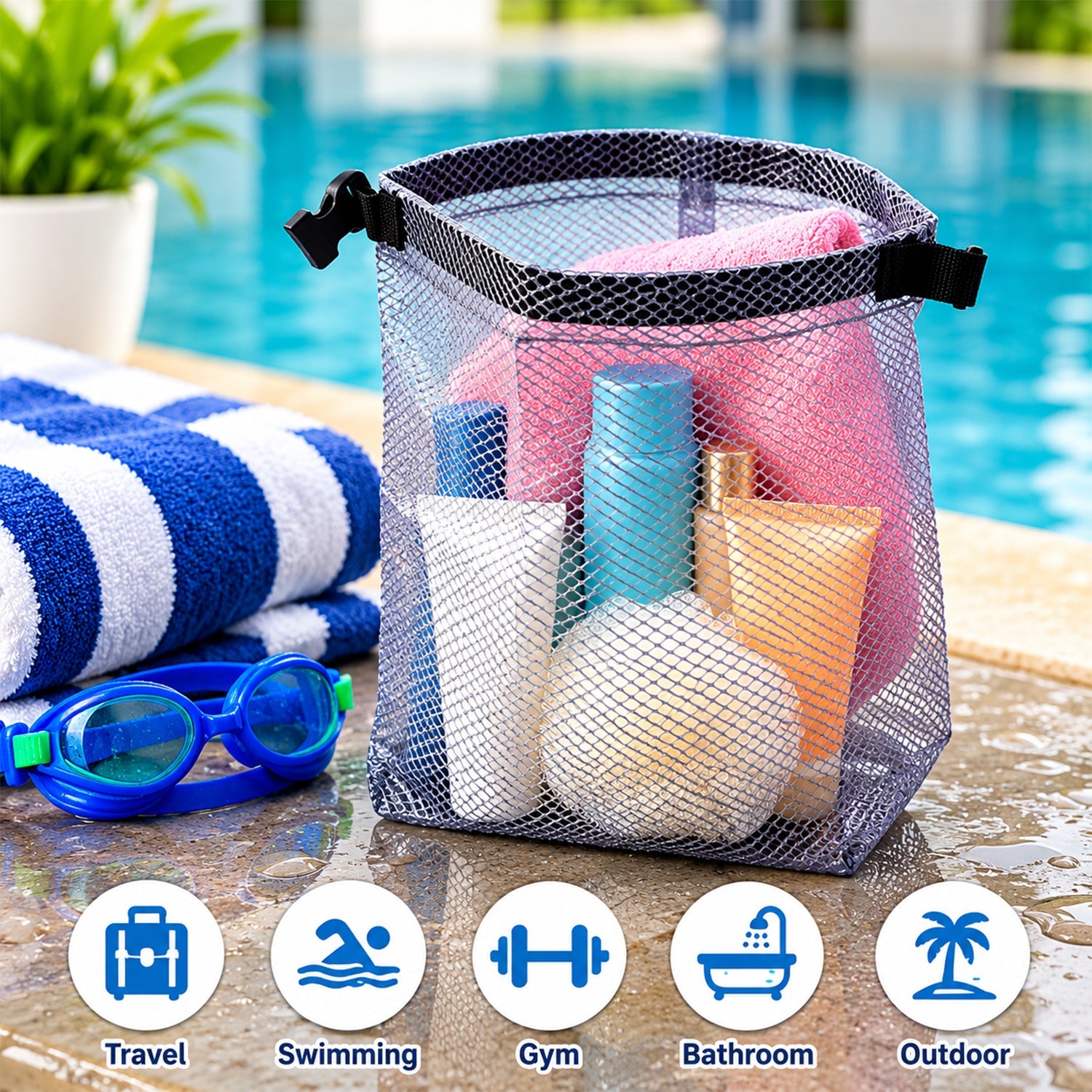 A grey mesh pouch with toiletries and blue goggles rests by a swimming pool.