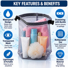 A grey mesh pouch with toiletries is surrounded by icons detailing its features and benefits.