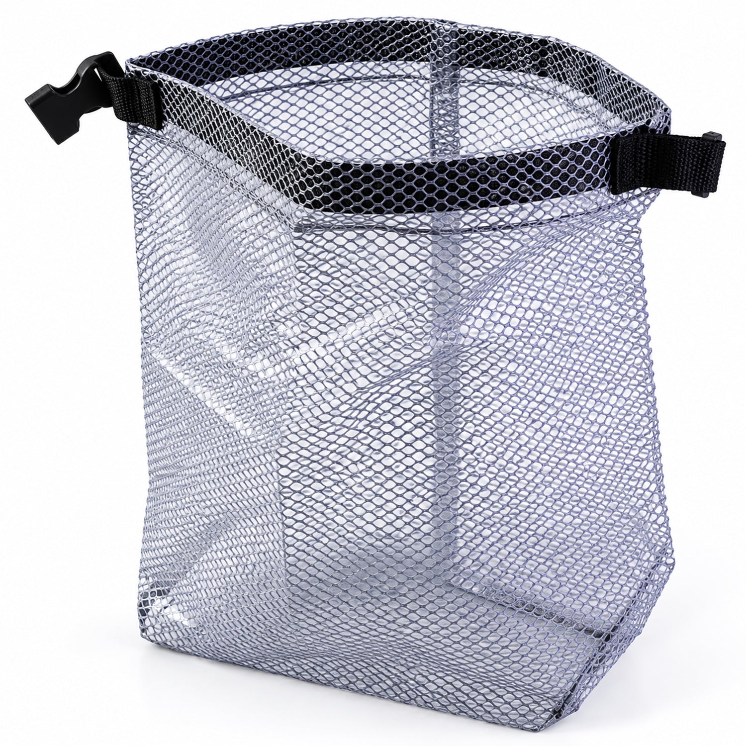 An empty grey mesh pouch with a black buckle and drawstring stands upright on a white surface.