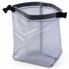 An empty grey mesh pouch with a black buckle and drawstring stands upright on a white surface.