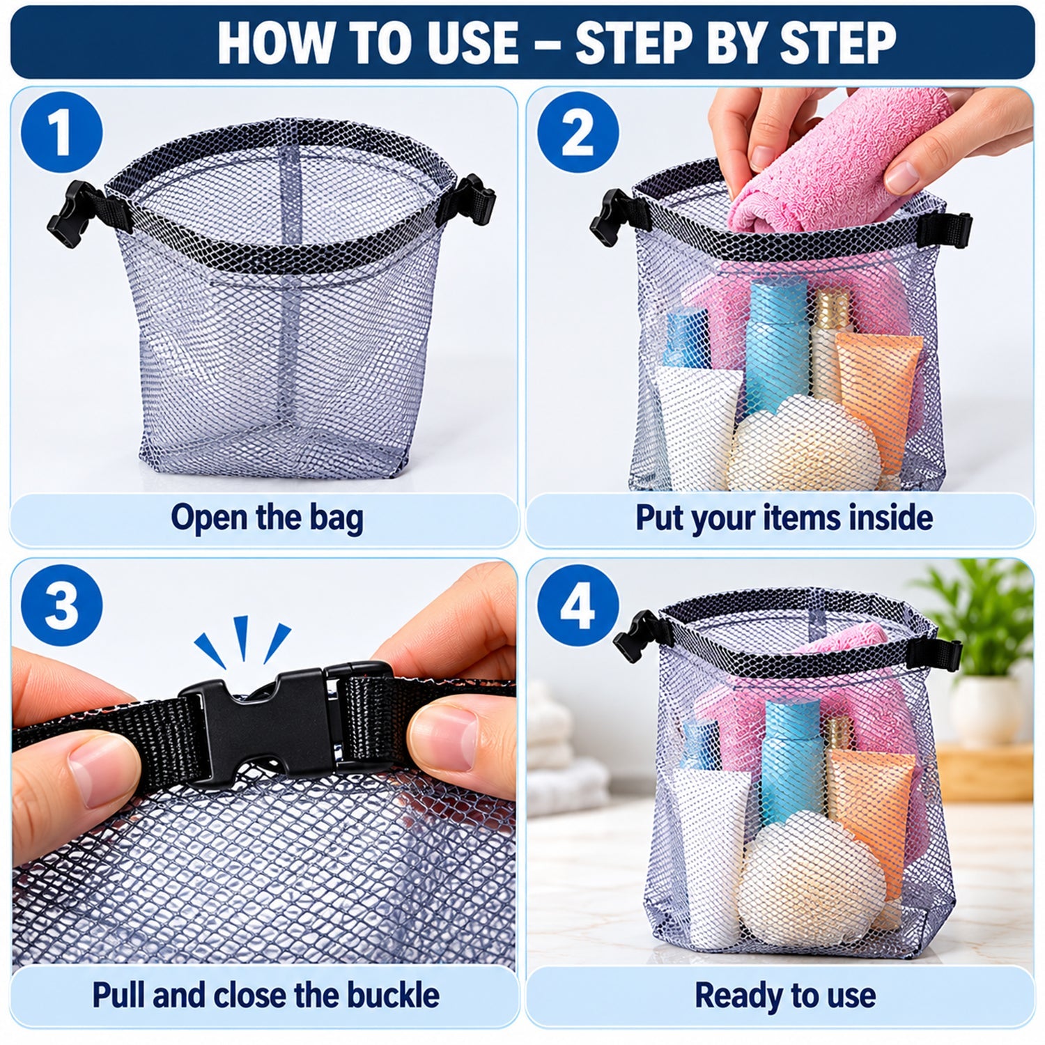 A four-panel graphic demonstrates how to open, fill, close, and use the grey mesh pouch.