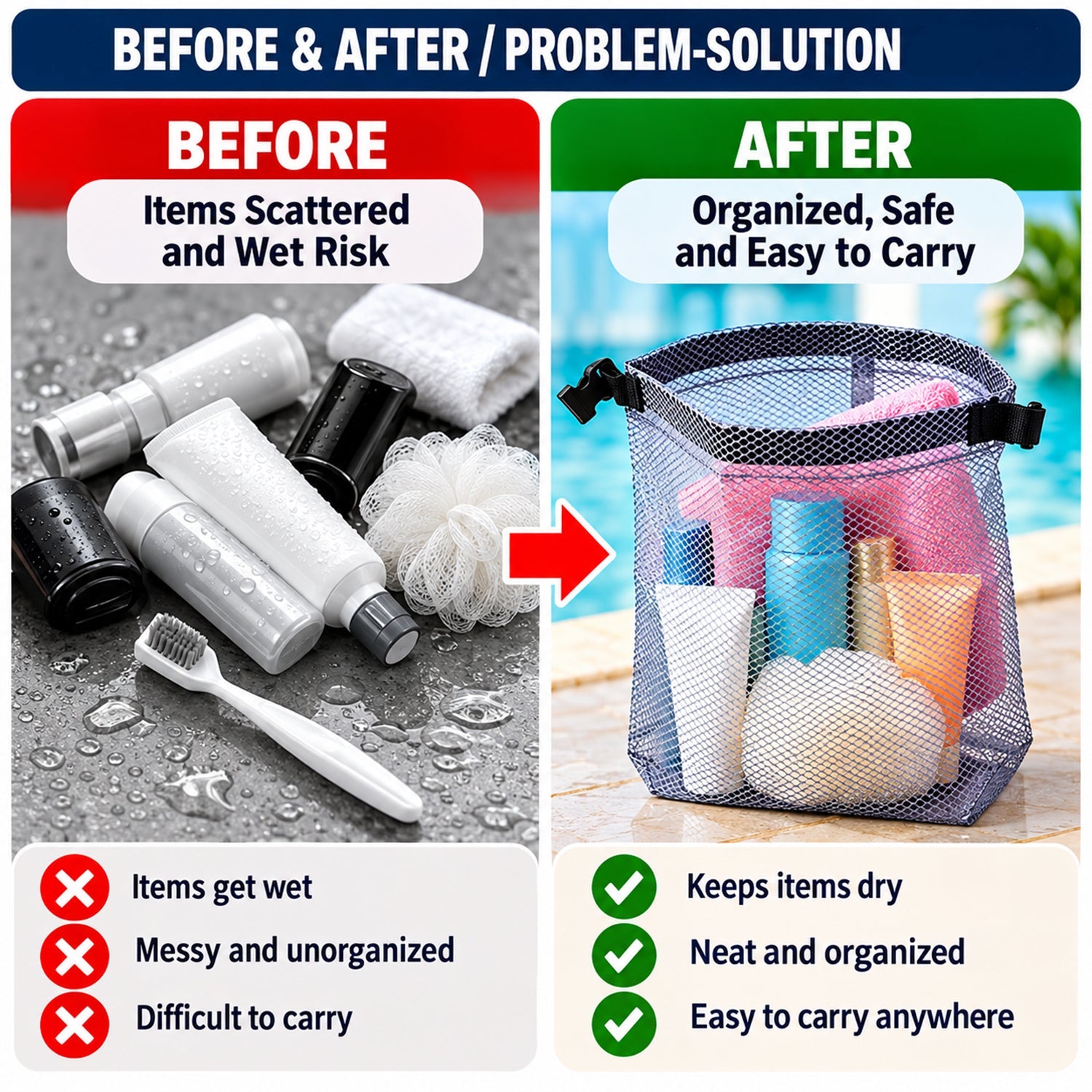 A split image shows scattered toiletries on the left and organized items in the mesh pouch on the right.