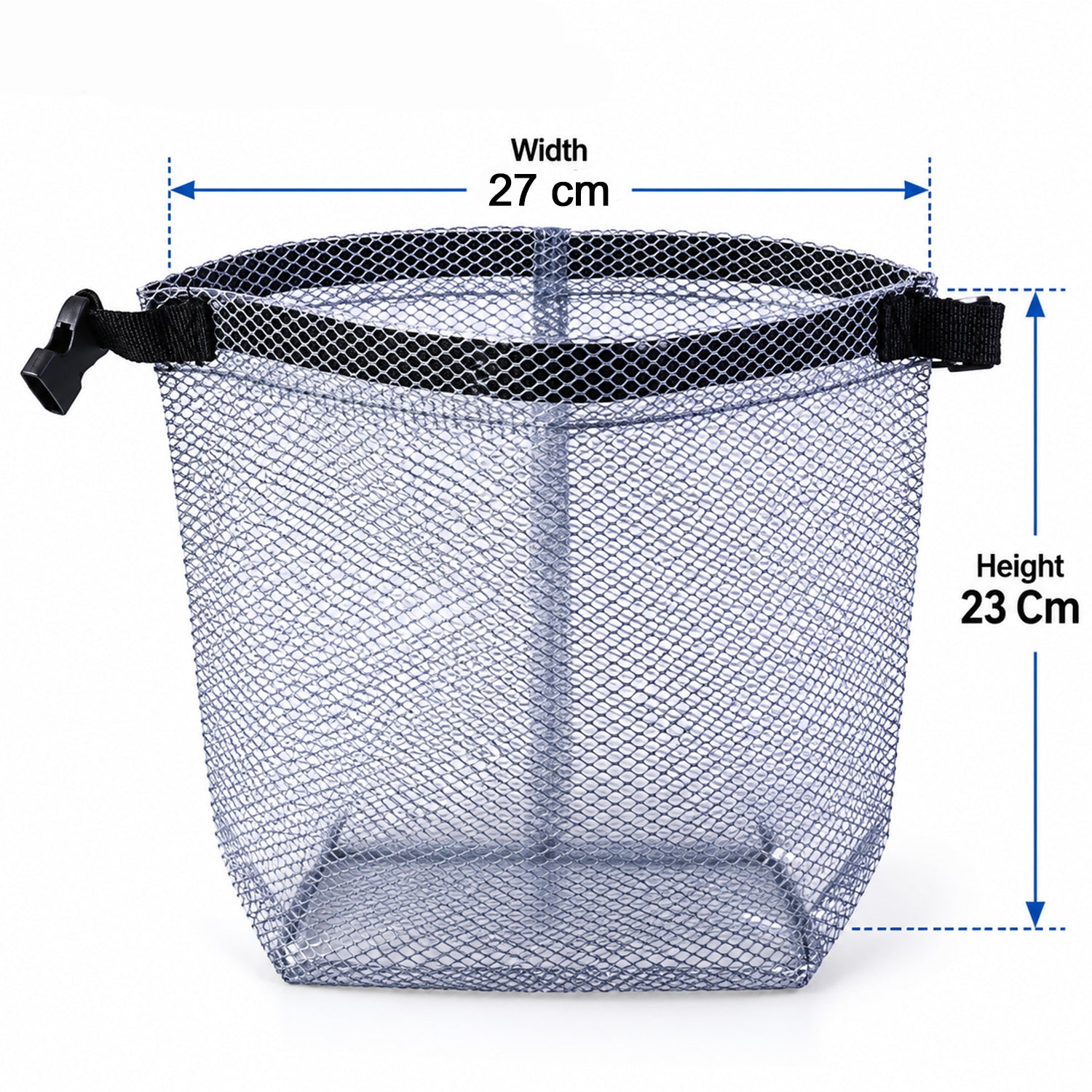 A grey mesh pouch with a buckle is shown with its width and height dimensions indicated.
