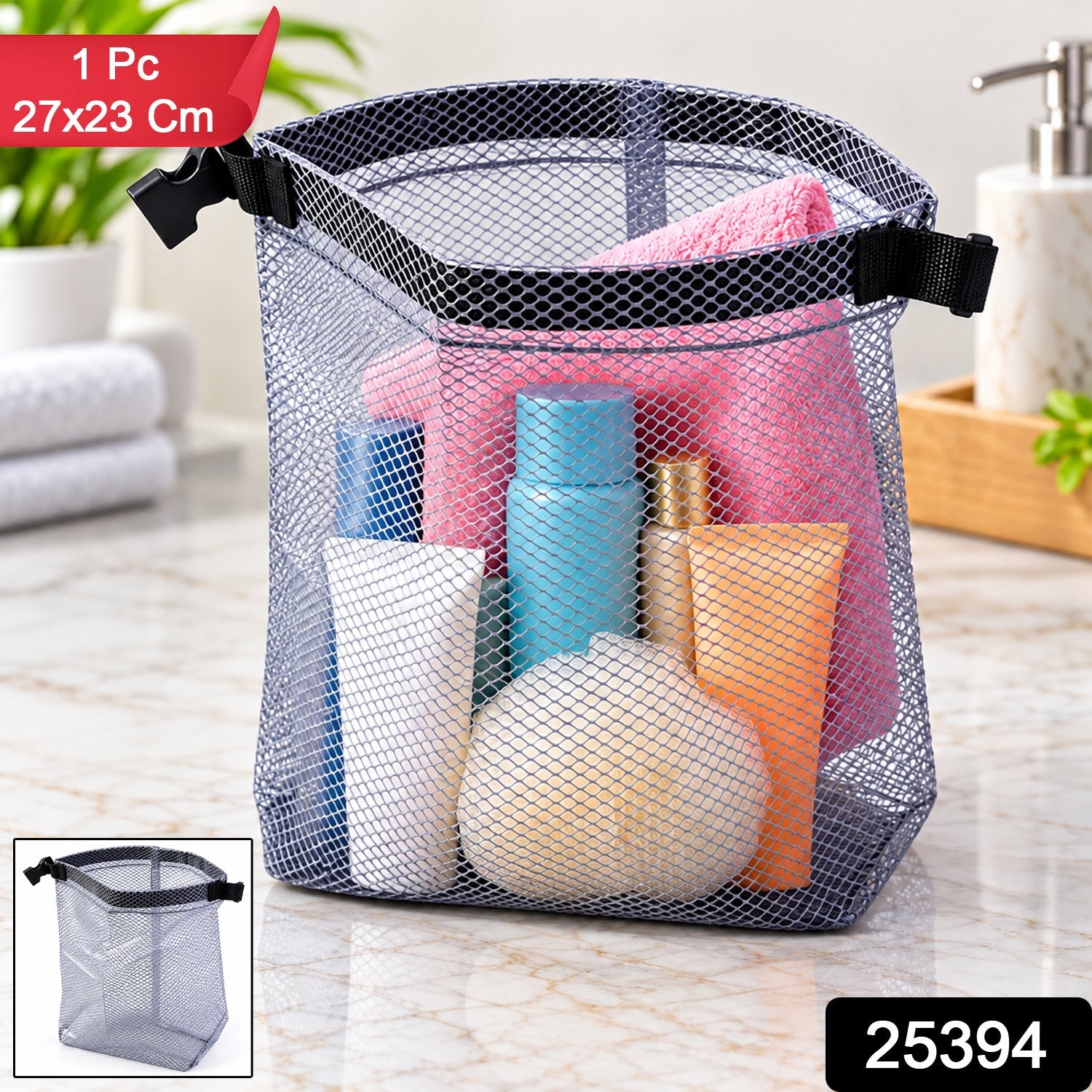 A grey mesh pouch with toiletries is on a marble counter, with a red label showing dimensions.