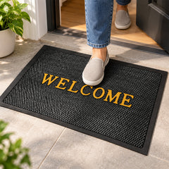 Rectangular black Welcome Door Mat with yellow lettering