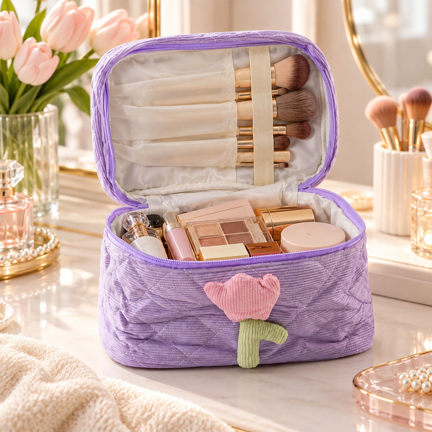 An open lavender quilted corduroy cosmetic bag with a pink and green tulip applique, filled with various makeup items on a