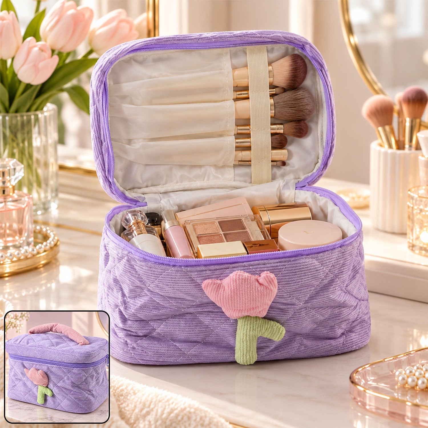 An open lavender quilted corduroy cosmetic bag with a pink and green tulip applique, filled with makeup on a vanity, with a