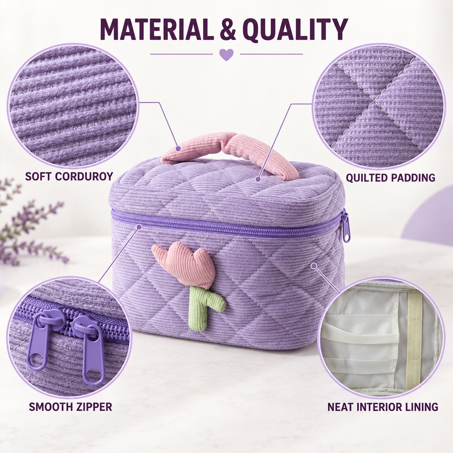A lavender quilted corduroy cosmetic bag with a pink and green tulip applique, showcasing its soft corduroy, quilted