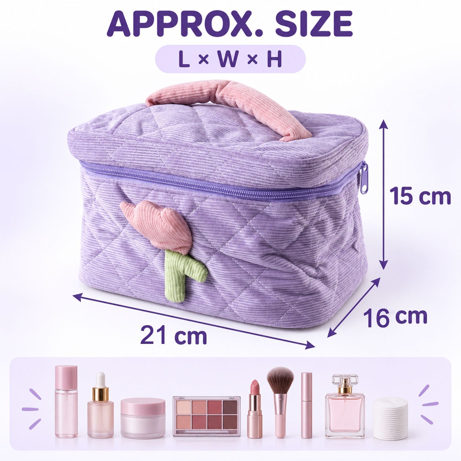 A lavender quilted corduroy cosmetic bag with a pink and green tulip applique, displaying its dimensions of 21 cm length, 16
