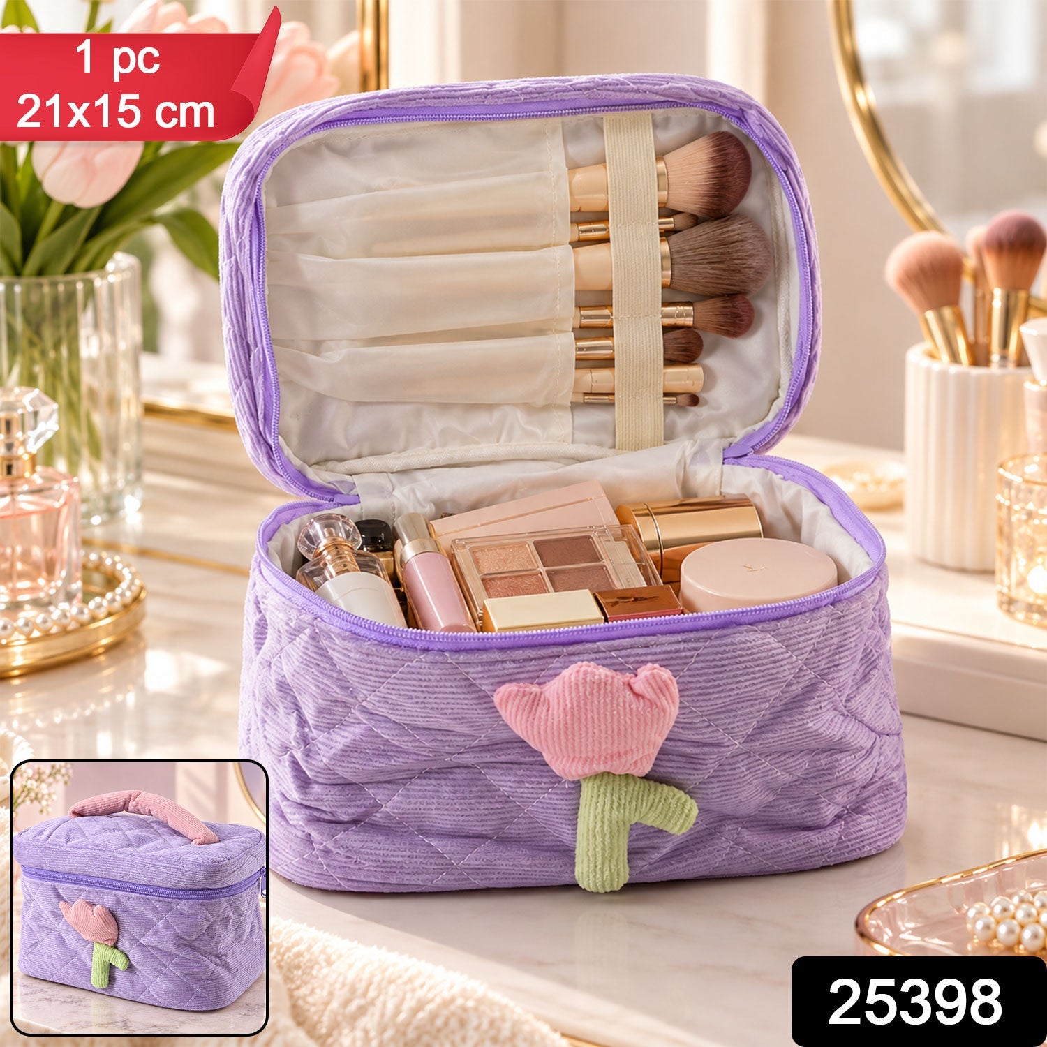 A lavender quilted corduroy cosmetic bag with a pink and green tulip applique, open and filled with makeup, shown on a