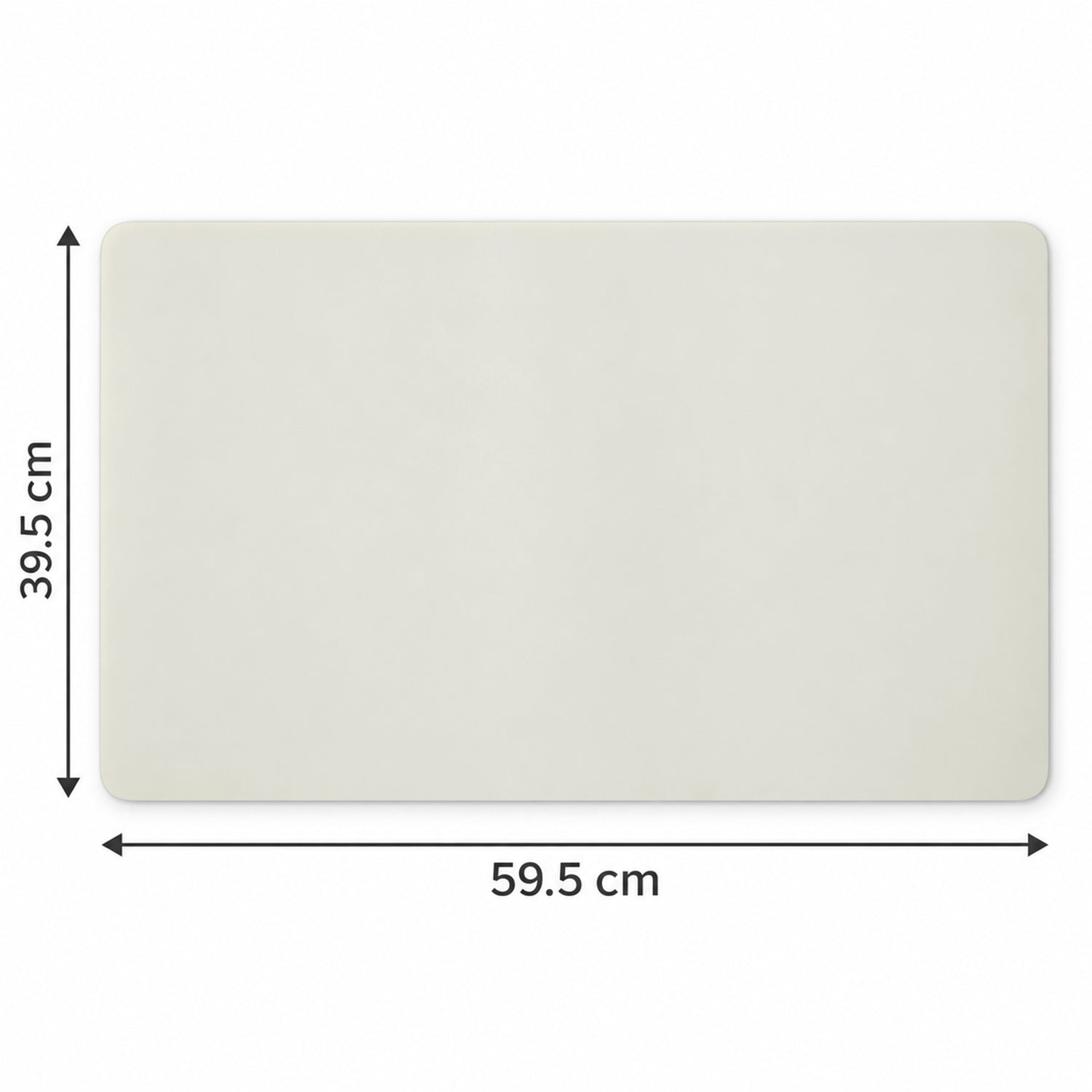 A cream rectangular mat with rounded corners is shown with its dimensions, 39.5 cm by 59.5 cm, indicated by arrows.