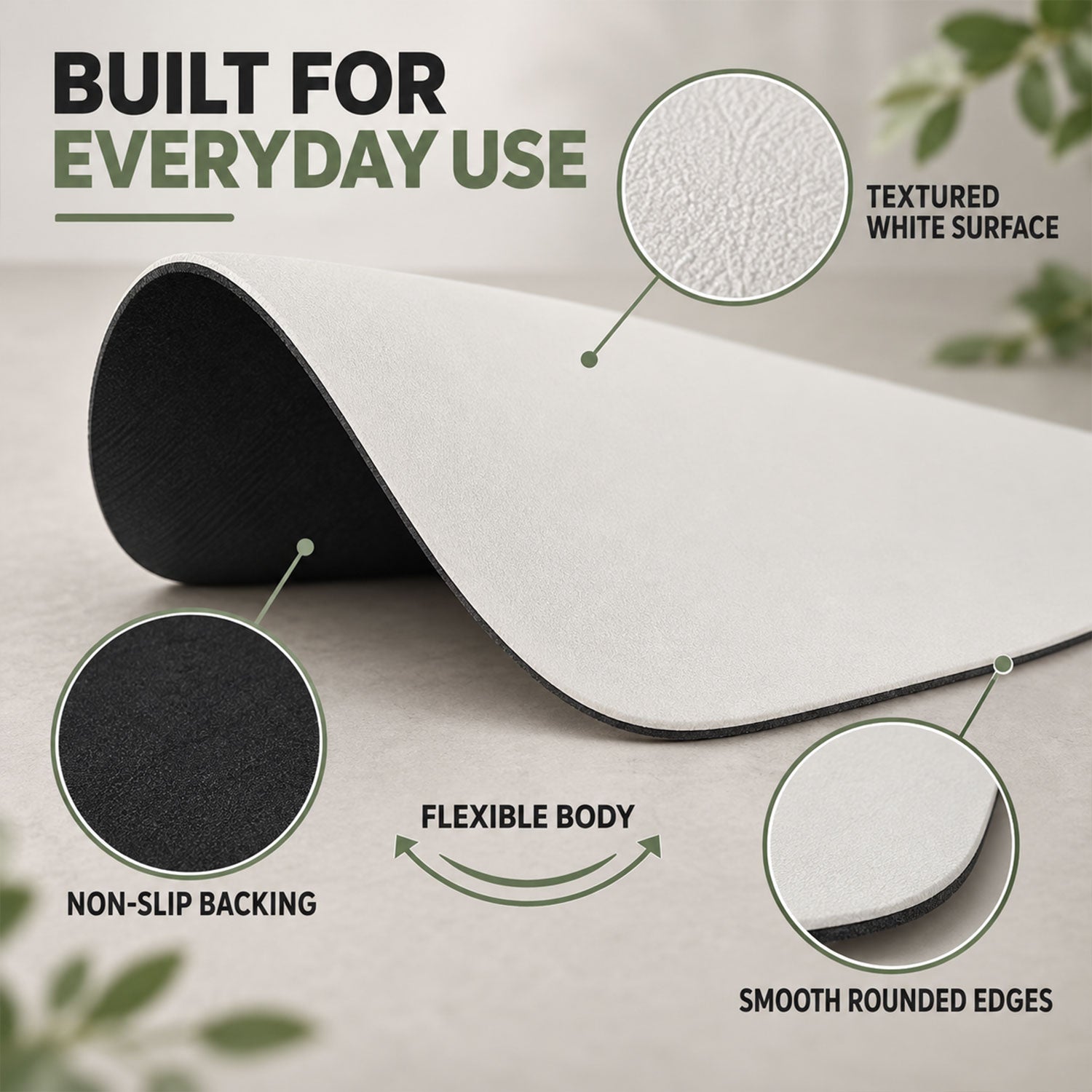 Close-up of a white textured mat showing its flexible body, non-slip black backing, and smooth rounded edges.