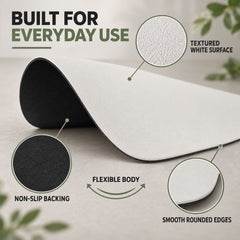 Close-up of a white textured mat showing its flexible body, non-slip black backing, and smooth rounded edges.