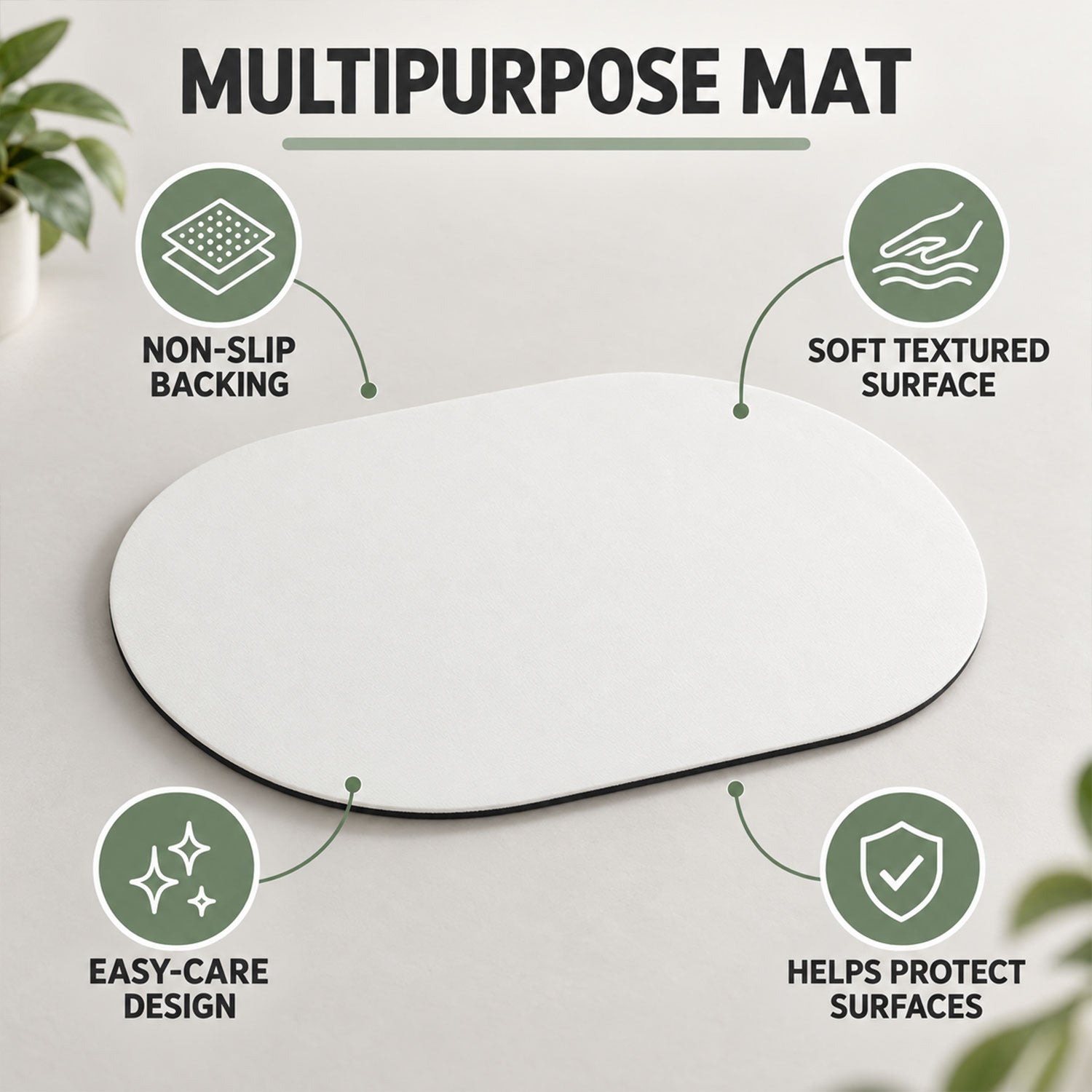 An oval white mat on a light surface, highlighting its non-slip backing, soft textured surface, and easy care.