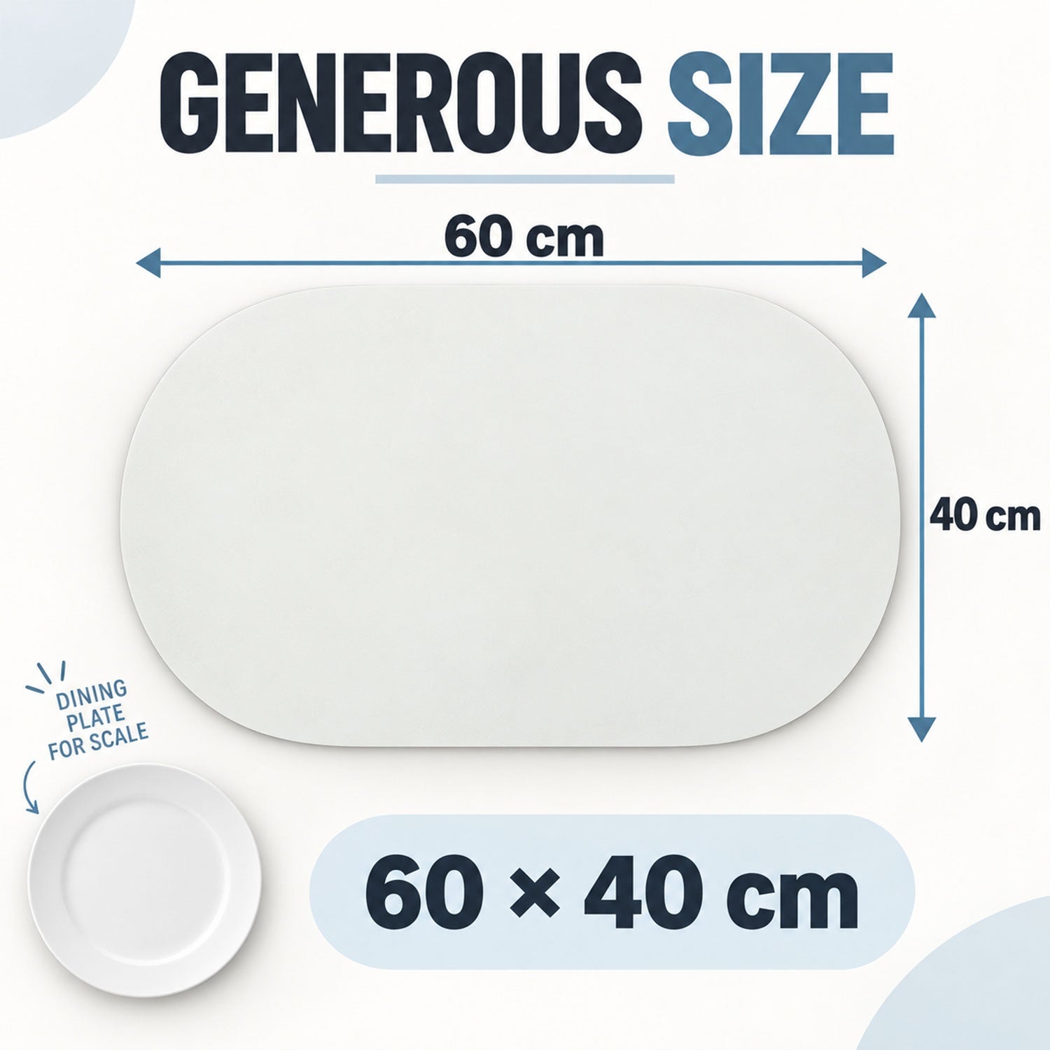 A white oval mat with dimensions 60 cm by 40 cm, shown with a small white plate for scale.