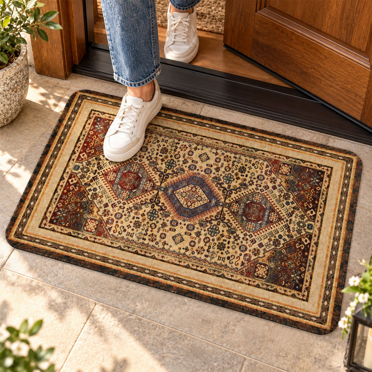 A person's feet in white sneakers step onto a rectangular floor mat with a traditional patterned design near a wooden door.