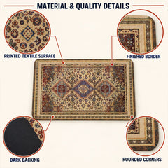 Overhead view of the mat with circular insets highlighting its printed textile surface, finished border, dark backing, and