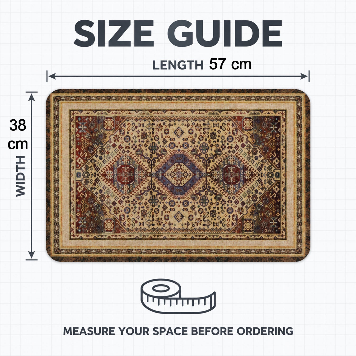 A diagram illustrating the mat's dimensions: 57 cm length and 38 cm width, with a measuring tape icon.