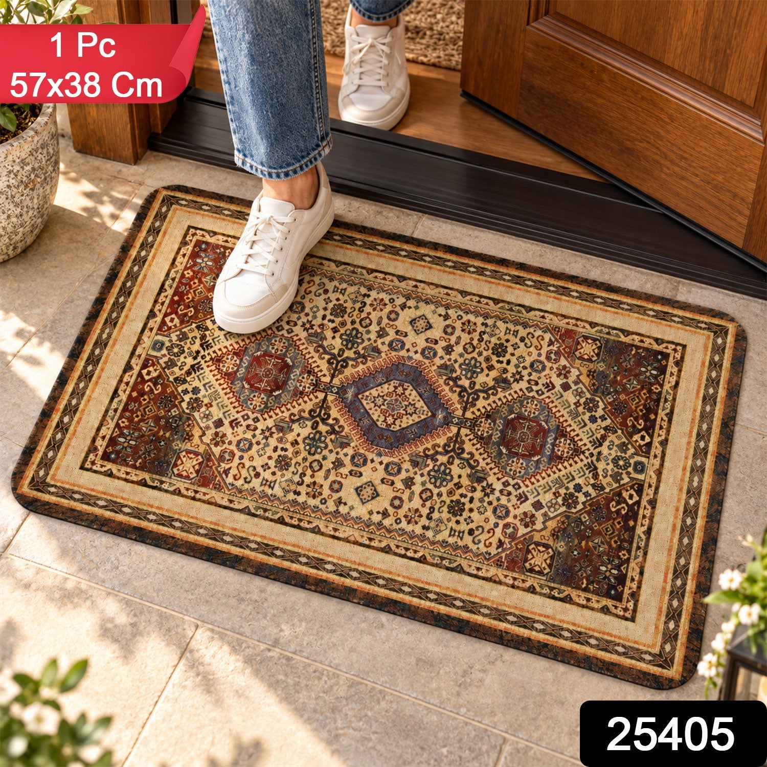 A close-up of a person's feet in white shoes entering a home, stepping on a decorative floor mat.