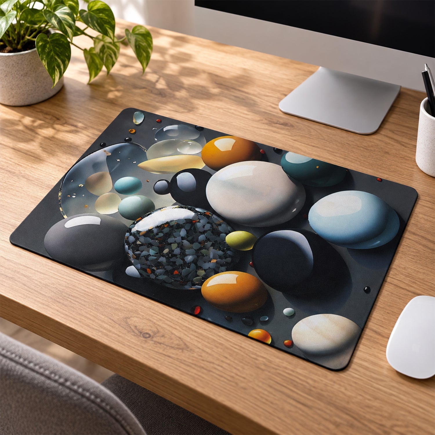 A dark grey mat with a pebble pattern, used as a mouse pad on a light wooden desk.
