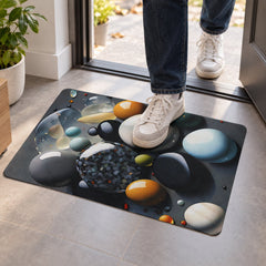 A person's feet in white sneakers stepping onto a dark grey mat with a colorful pebble design.