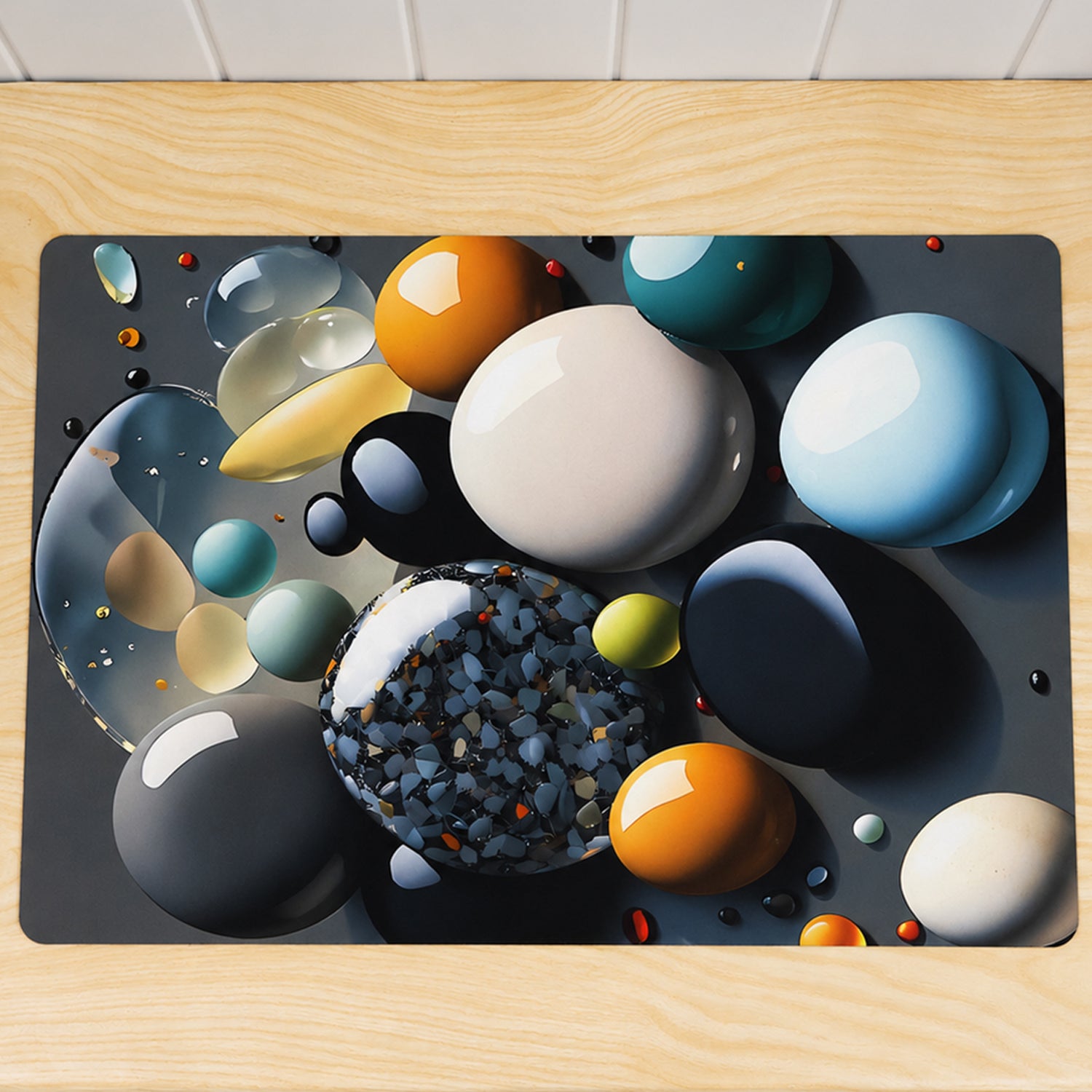 A dark grey mat with a pebble design, featuring various sizes and colors of rounded stones.